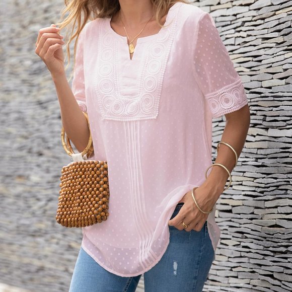 NWOT - Beautiful Pink Split Neck Half Sleeve Lace Panel Blouse - Picture 2 of 9